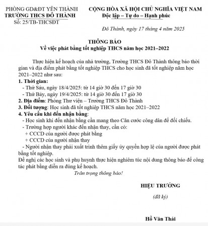 Thông báo nhận bằng TN