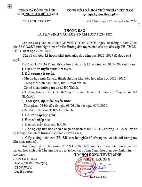 THÔNG BÁO TUYỂN SINH VÀO LỚP 6 NĂM HỌC 2026-2027